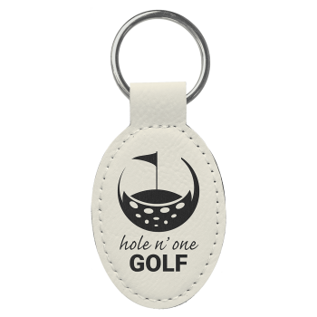 3" x 1 3/4" White Laserable Leatherette Oval Keychain
