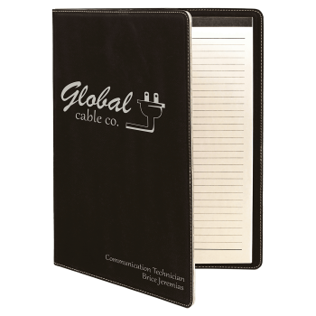 9 1/2" x 12" Black/Silver Laserable Leatherette Portfolio with Notepad