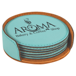 4" Teal Round Laserable Leatherette 6-Coaster Set
