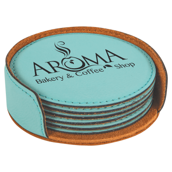 4" Teal Round Laserable Leatherette 6-Coaster Set