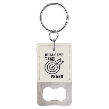 Rectangle White Laserable Leatherette Bottle Opener Keychain