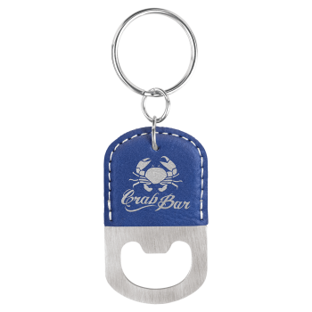 Oval Blue/Silver Laserable Leatherette Bottle Opener Keychain