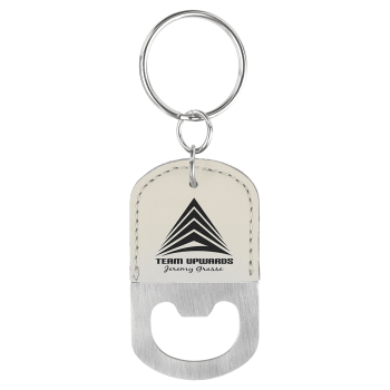 Oval White Laserable Leatherette Bottle Opener Keychain